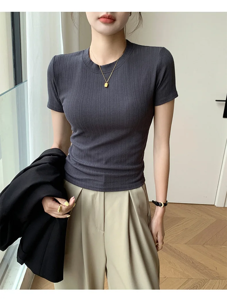 Summer New Women's Crewneck T-shirt Knitted Short-sleeved Top Casual All-match T-shirt Striped Base Shirt Slim-fit Breathable