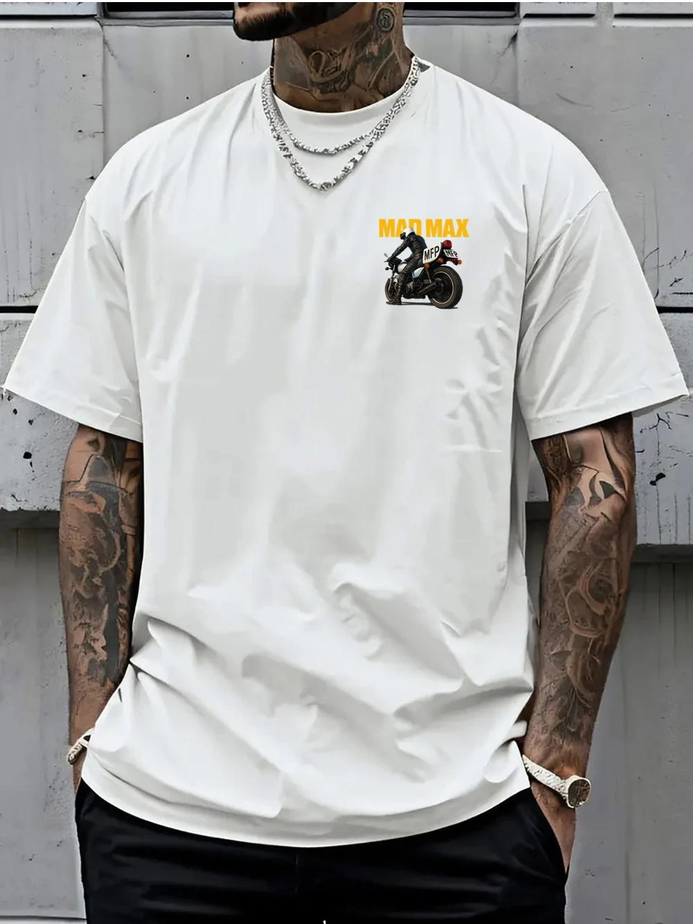 Men's T-shirt with A Simple Mini Print on The Front and MAD MAX Hardcore Biker Art on The Back Suitable for Daily Casual Wear