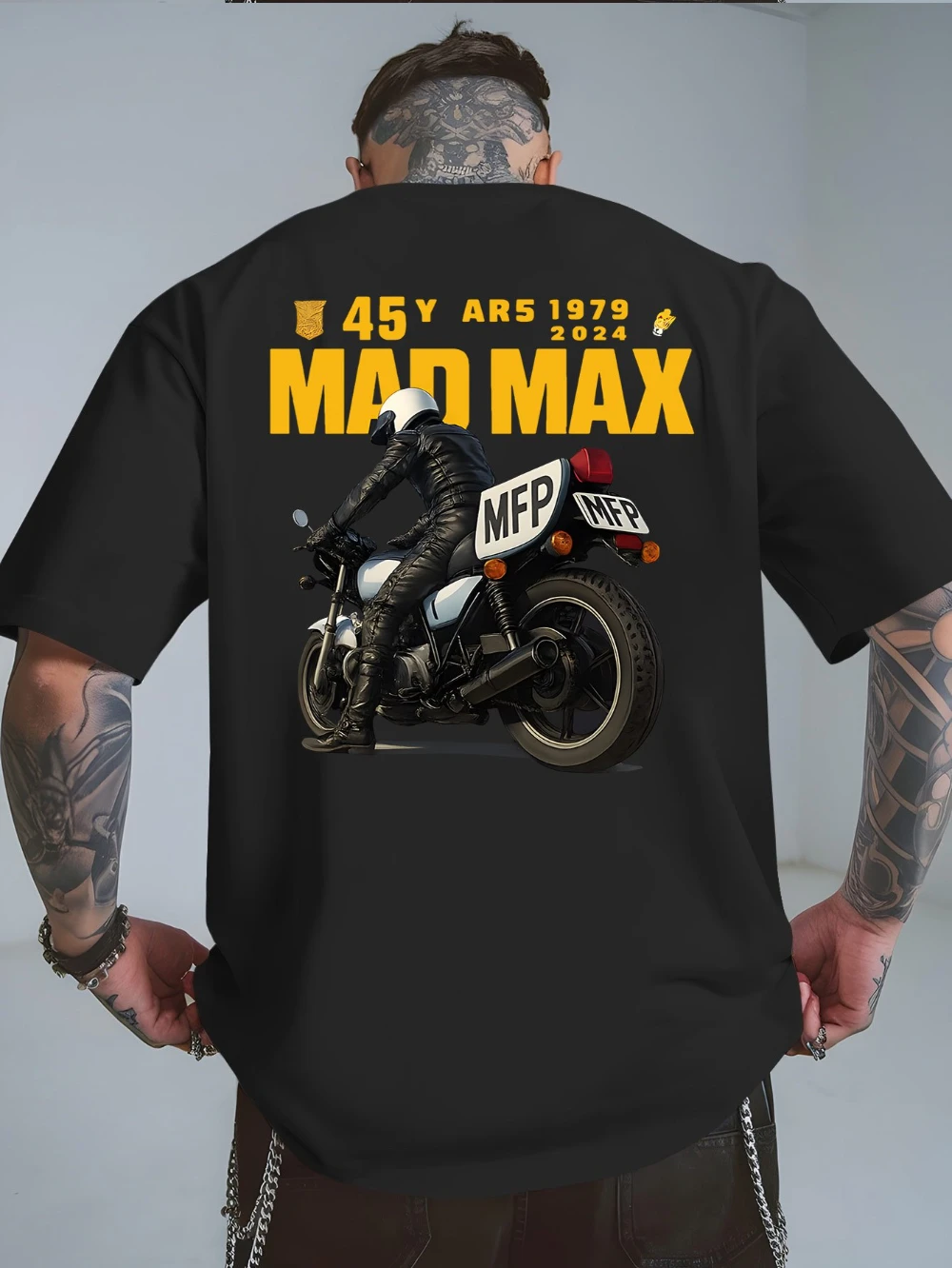 Men's T-shirt with A Simple Mini Print on The Front and MAD MAX Hardcore Biker Art on The Back Suitable for Daily Casual Wear