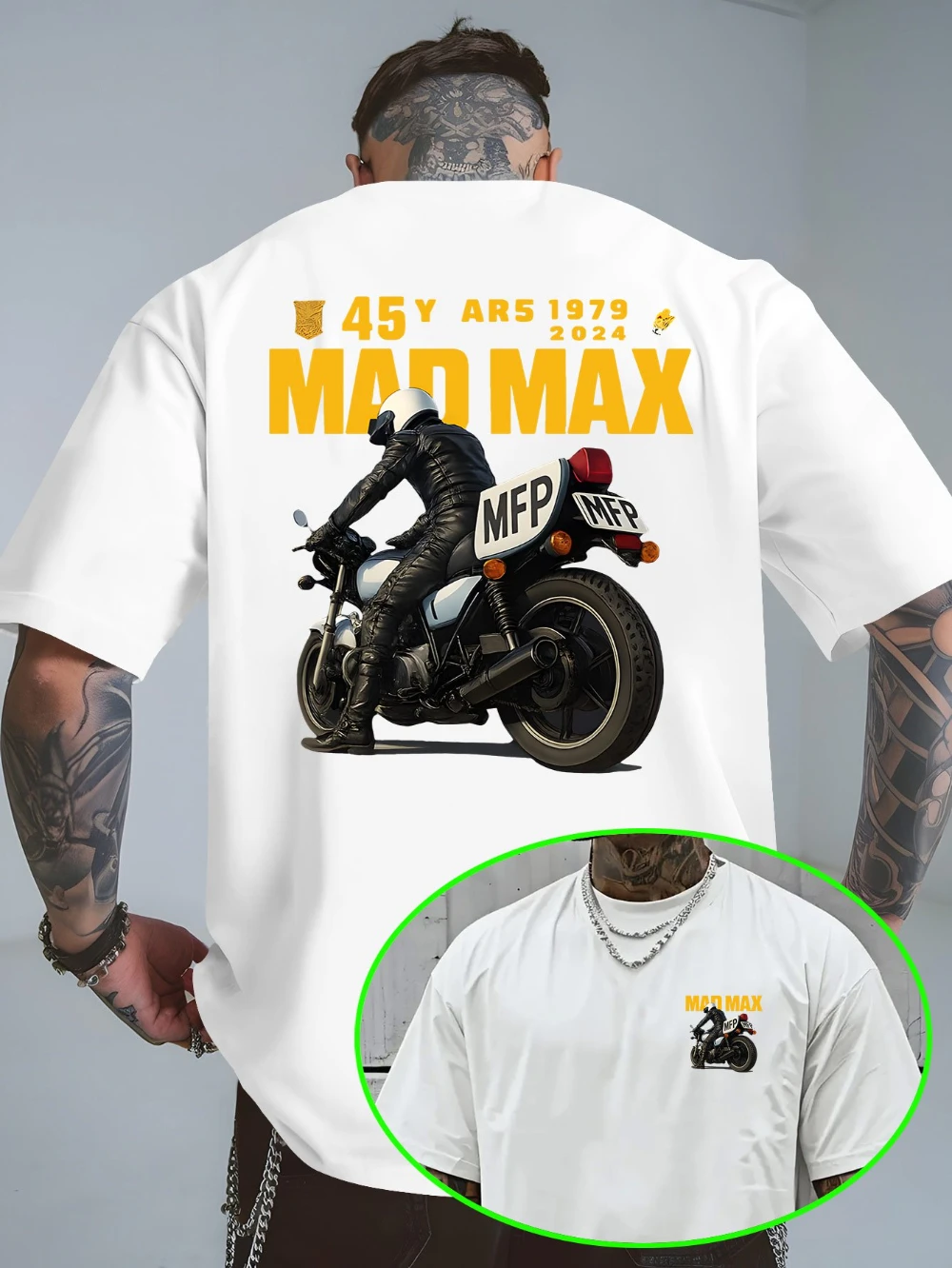 Men's T-shirt with A Simple Mini Print on The Front and MAD MAX Hardcore Biker Art on The Back Suitable for Daily Casual Wear