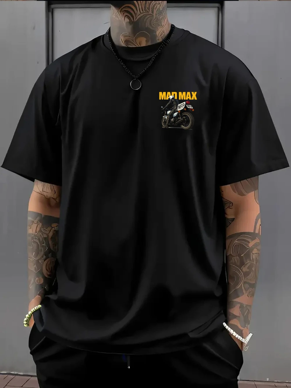 Men's T-shirt with A Simple Mini Print on The Front and MAD MAX Hardcore Biker Art on The Back Suitable for Daily Casual Wear