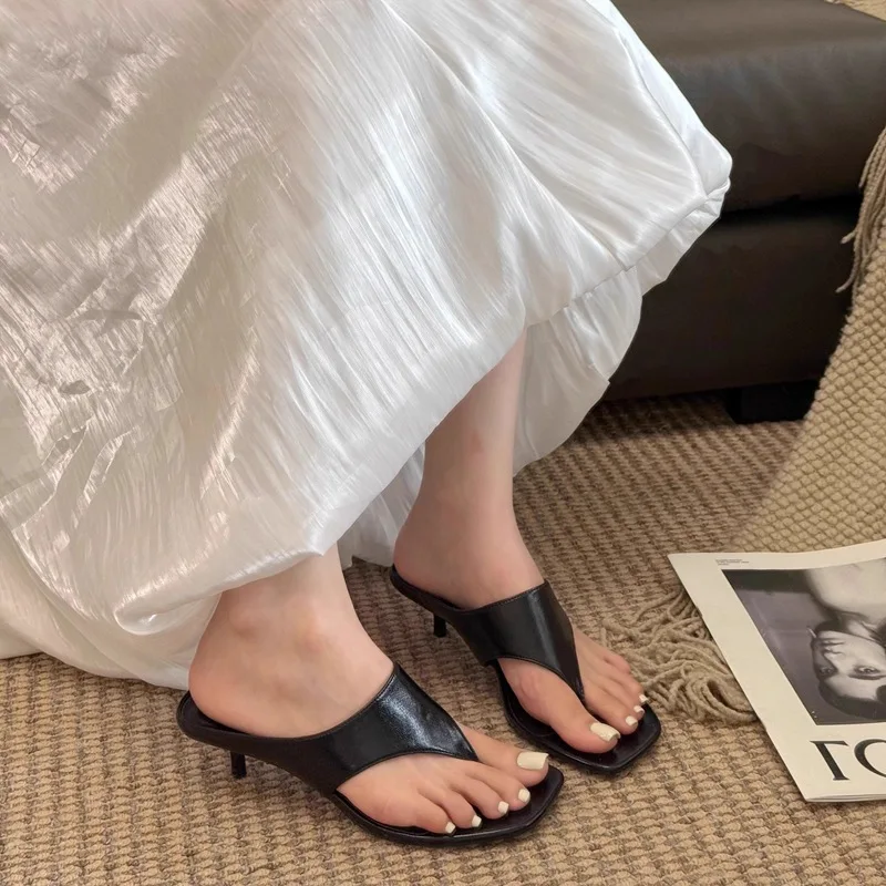 Women's Square Toe Flip Flop Heels 2026 New Summer Slide Sandals Elegant Thin Strap Kitten Heel Mules Casual Dressy Thong Sandal