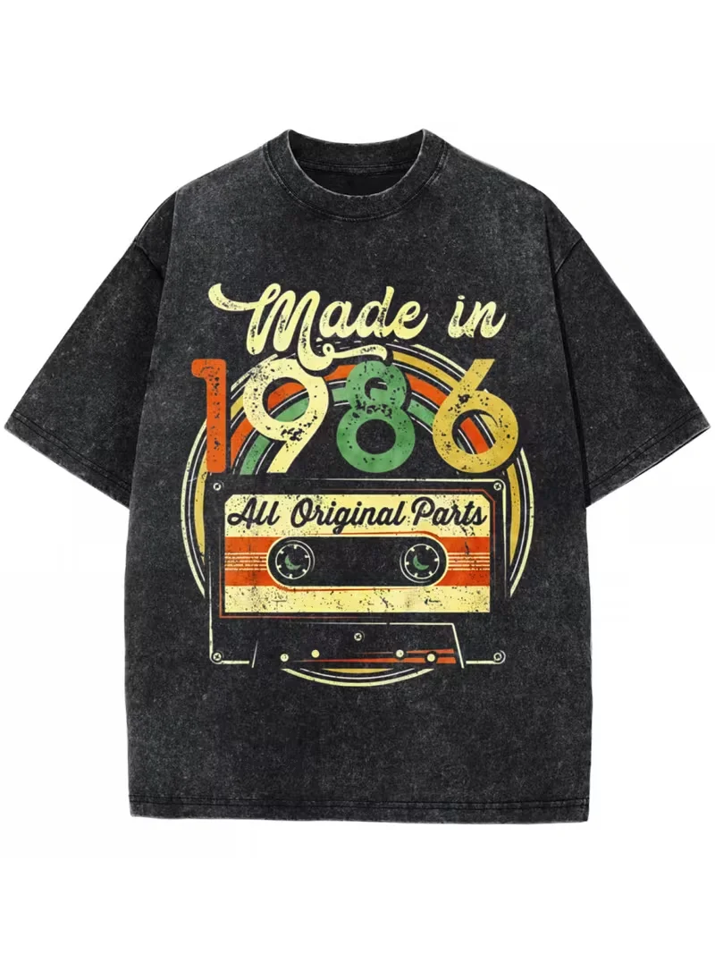 Retro Number 1986 Print Fashion Short-Sleeved T-Shirt Casual Retro Washed Short-Sleeved T-Shirt Top Round Neck Fashion Clothing