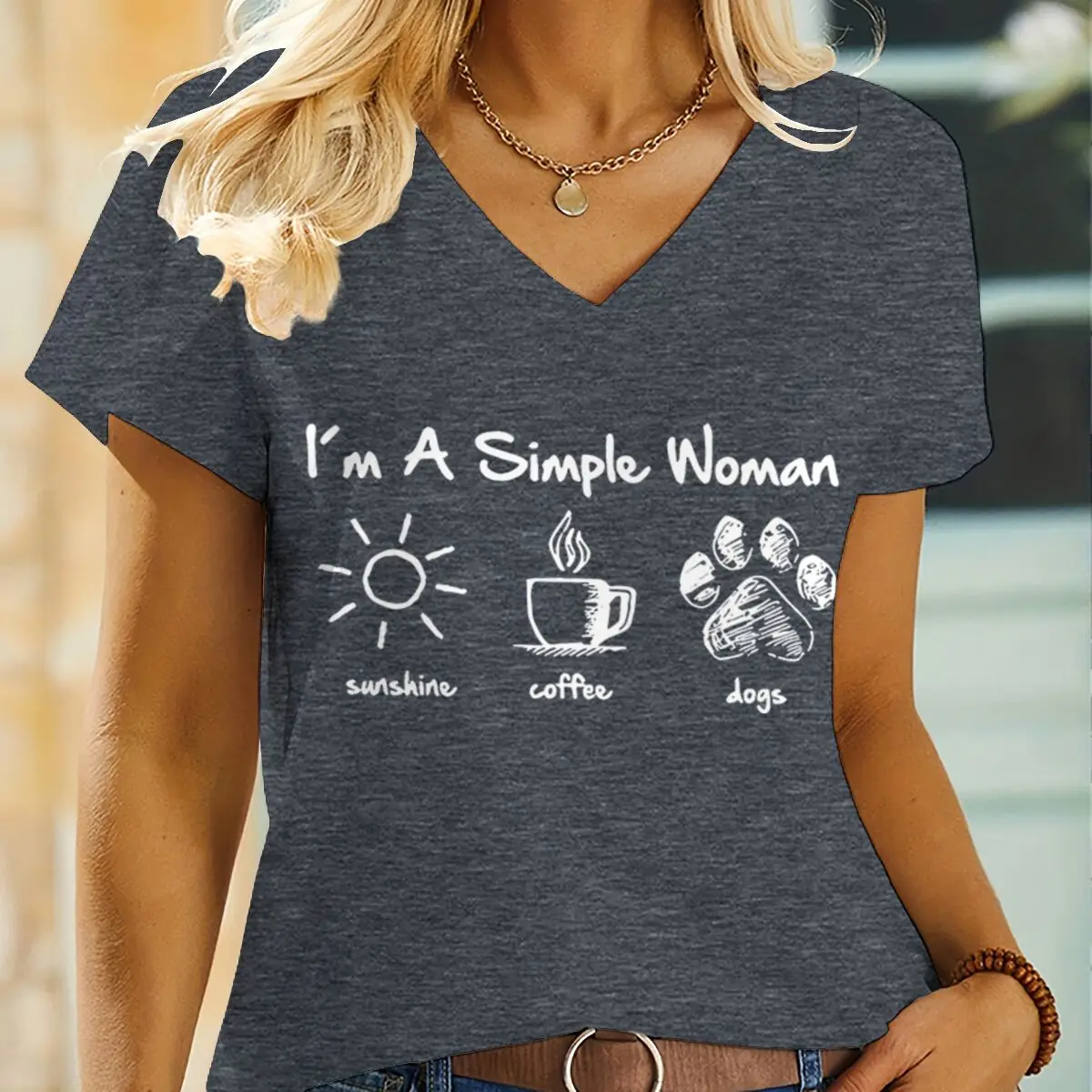 Woman T-shirts I Am A Simple Woman with Letters Sunshine Coffee Dog Pattern T-shirt Fun Cute Retro Design V-neck T-shirts