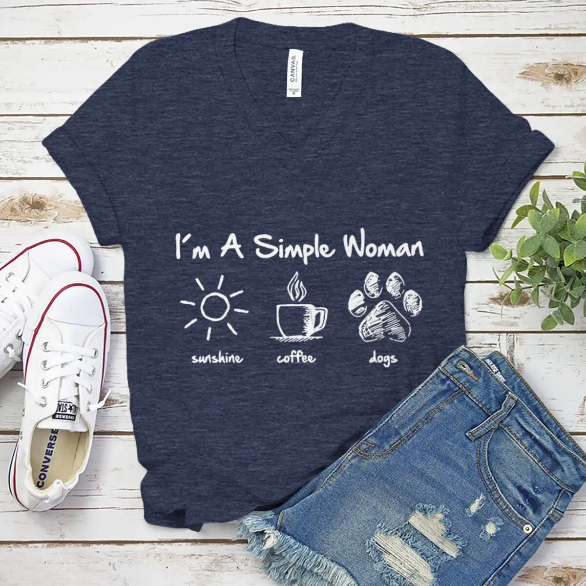 Woman T-shirts I Am A Simple Woman with Letters Sunshine Coffee Dog Pattern T-shirt Fun Cute Retro Design V-neck T-shirts