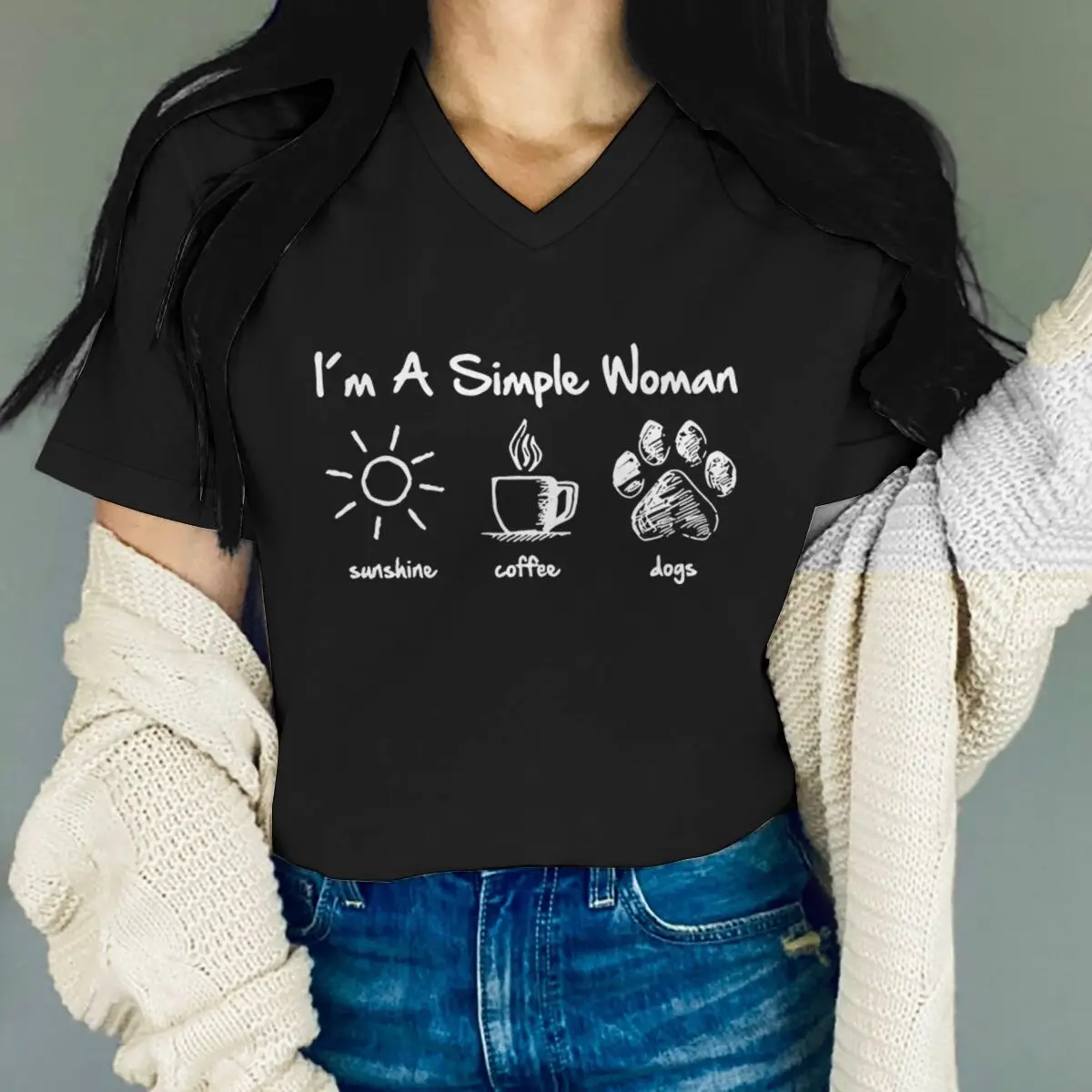 Woman T-shirts I Am A Simple Woman with Letters Sunshine Coffee Dog Pattern T-shirt Fun Cute Retro Design V-neck T-shirts