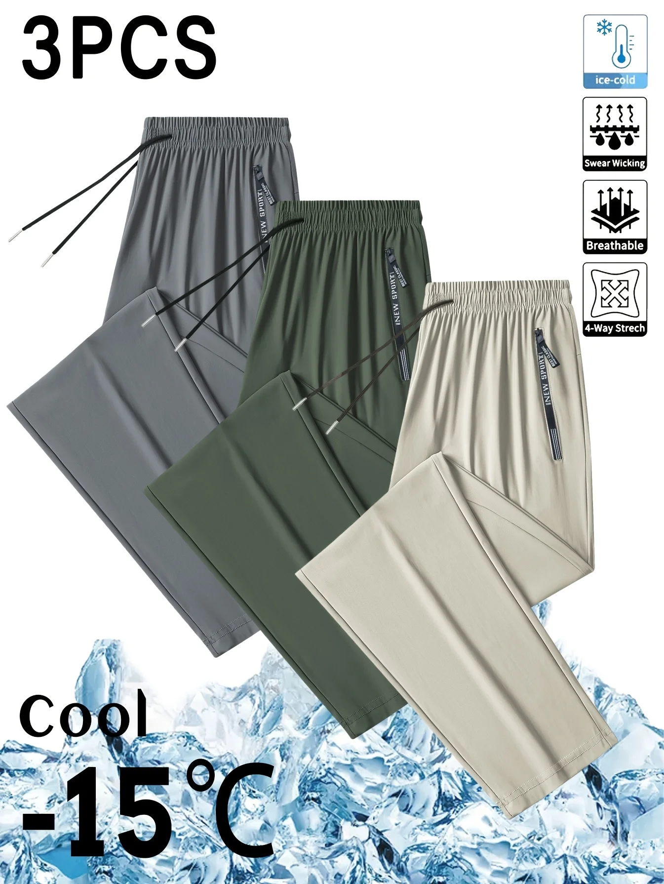 3pc Men's Casual Sports Pants Ice Silk Breathable And Refreshing Elastic Quick-Drying Sports Pants Man Football Summer Clothes