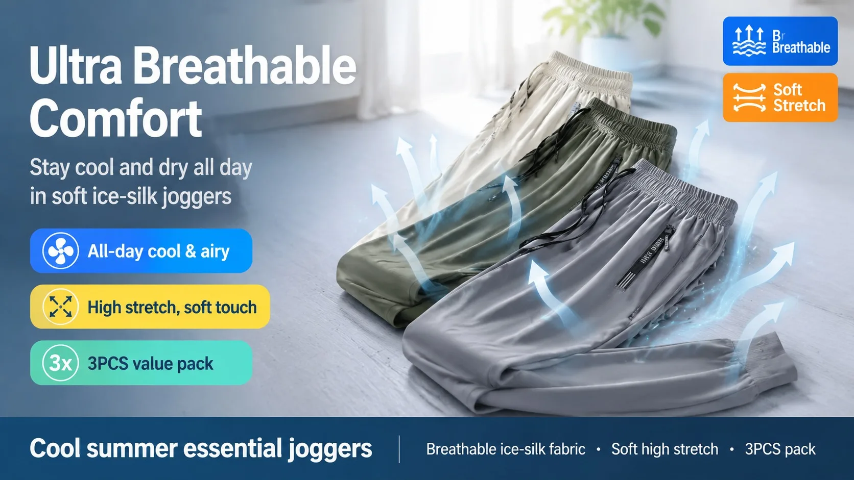 3pc Men's Casual Sports Pants Ice Silk Breathable And Refreshing Elastic Quick-Drying Sports Pants Man Football Summer Clothes
