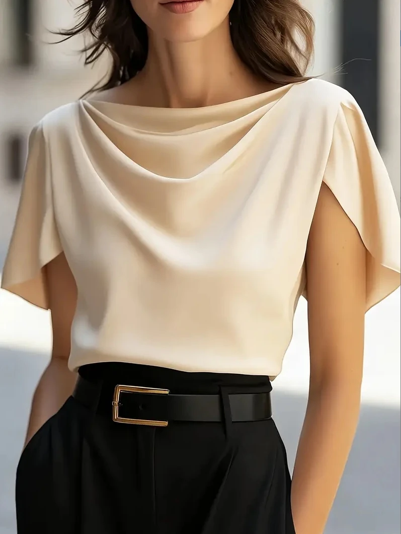 Women's Short Sleeve Cowl Neck Blouse Elegant Draped Top