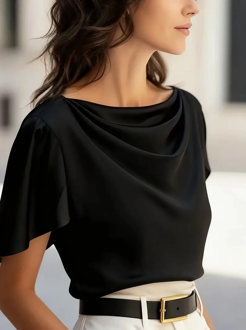 Women's Short Sleeve Cowl Neck Blouse Elegant Draped Top