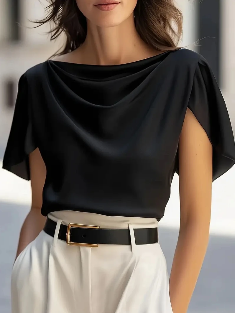 Women's Short Sleeve Cowl Neck Blouse Elegant Draped Top