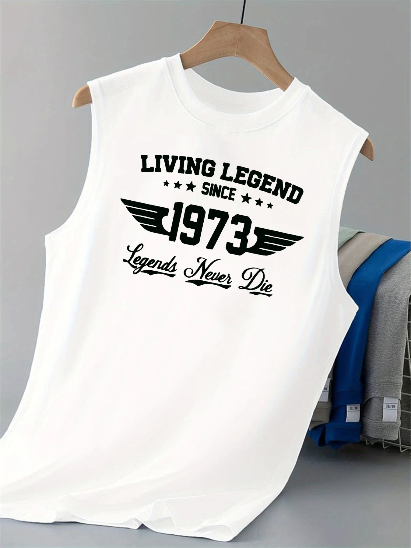 100% Pure Cotton Men's Summer Fashionable Casual Retro 1973 Pattern Printed Fitness Breathable Loose Round Neck Sleeveless Vest