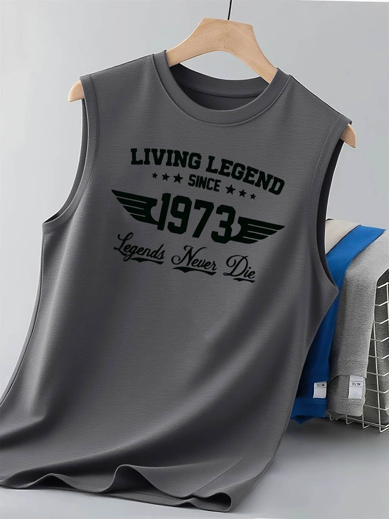 100% Pure Cotton Men's Summer Fashionable Casual Retro 1973 Pattern Printed Fitness Breathable Loose Round Neck Sleeveless Vest