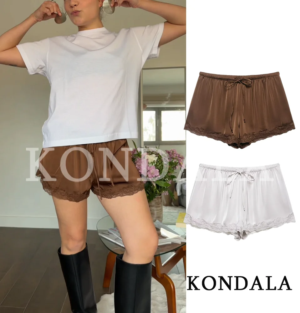 KONDALA Women Basic Lace Hem Satin Shorts Elastic Waist Shorts 2026 Spring Summer Fashion Chic Beach Holiday Casual Lady Shorts