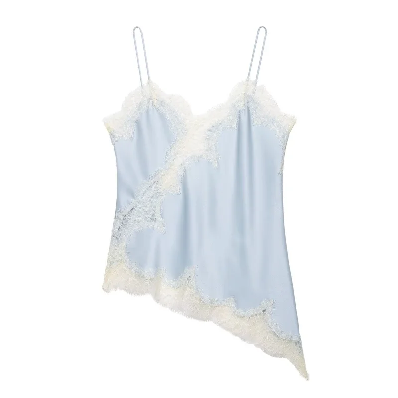 Women's Summer Asymmetrical Hem Lace Trim Cami Top, Sleeveless V Neck Satin Camisole, Casual Daily Wear Multiple Colors