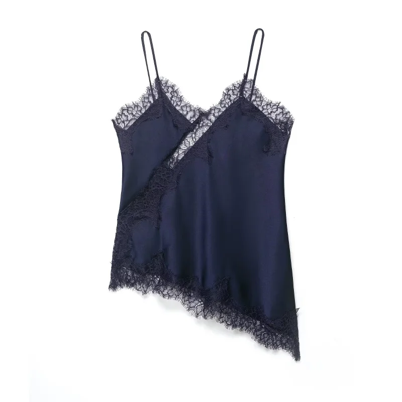 Women's Summer Asymmetrical Hem Lace Trim Cami Top, Sleeveless V Neck Satin Camisole, Casual Daily Wear Multiple Colors