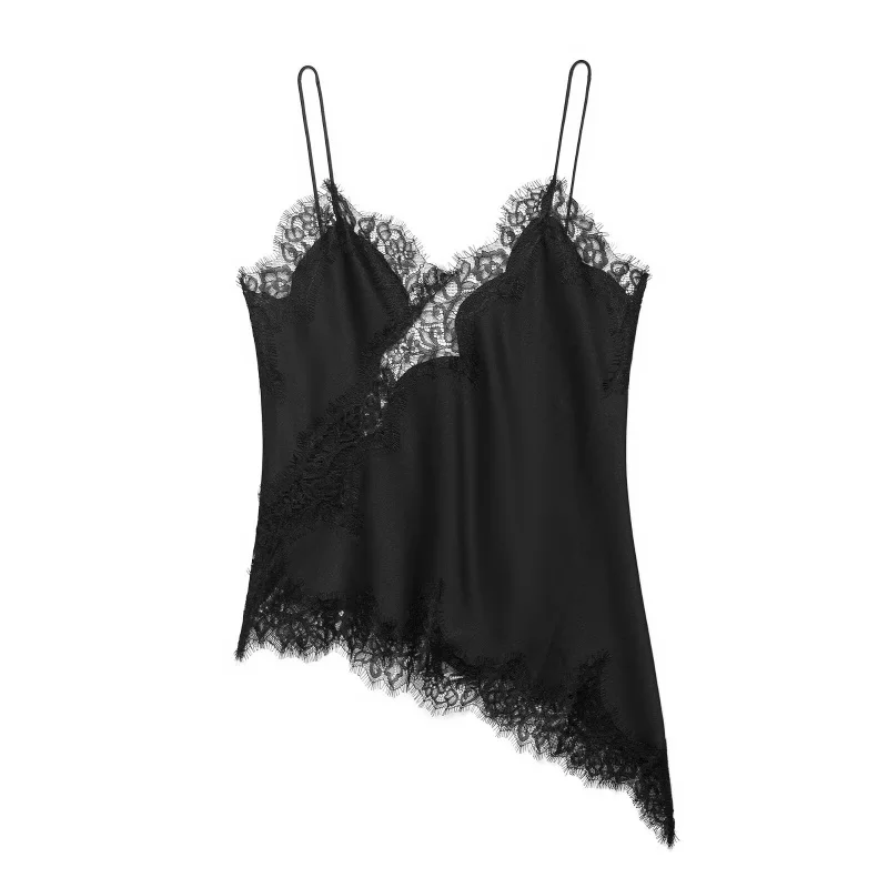 Women's Summer Asymmetrical Hem Lace Trim Cami Top, Sleeveless V Neck Satin Camisole, Casual Daily Wear Multiple Colors