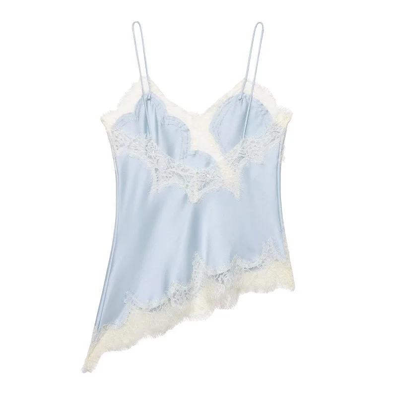 Women's Summer Asymmetrical Hem Lace Trim Cami Top, Sleeveless V Neck Satin Camisole, Casual Daily Wear Multiple Colors