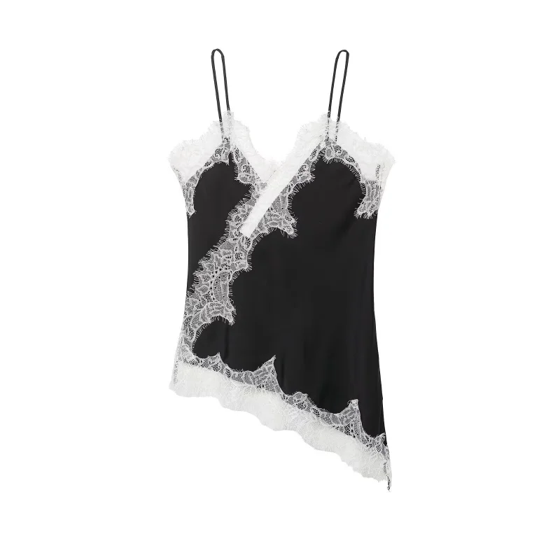 Women's Summer Asymmetrical Hem Lace Trim Cami Top, Sleeveless V Neck Satin Camisole, Casual Daily Wear Multiple Colors
