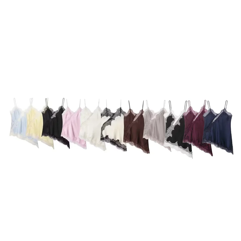 Women's Summer Asymmetrical Hem Lace Trim Cami Top, Sleeveless V Neck Satin Camisole, Casual Daily Wear Multiple Colors