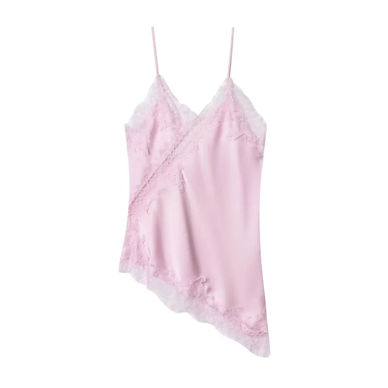 Women's Summer Asymmetrical Hem Lace Trim Cami Top, Sleeveless V Neck Satin Camisole, Casual Daily Wear Multiple Colors