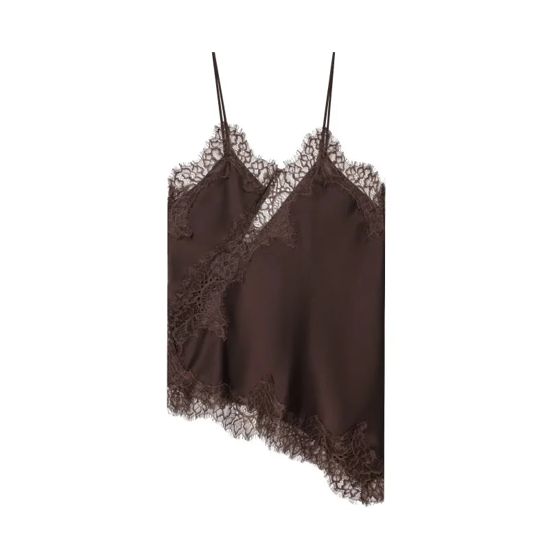 Women's Summer Asymmetrical Hem Lace Trim Cami Top, Sleeveless V Neck Satin Camisole, Casual Daily Wear Multiple Colors