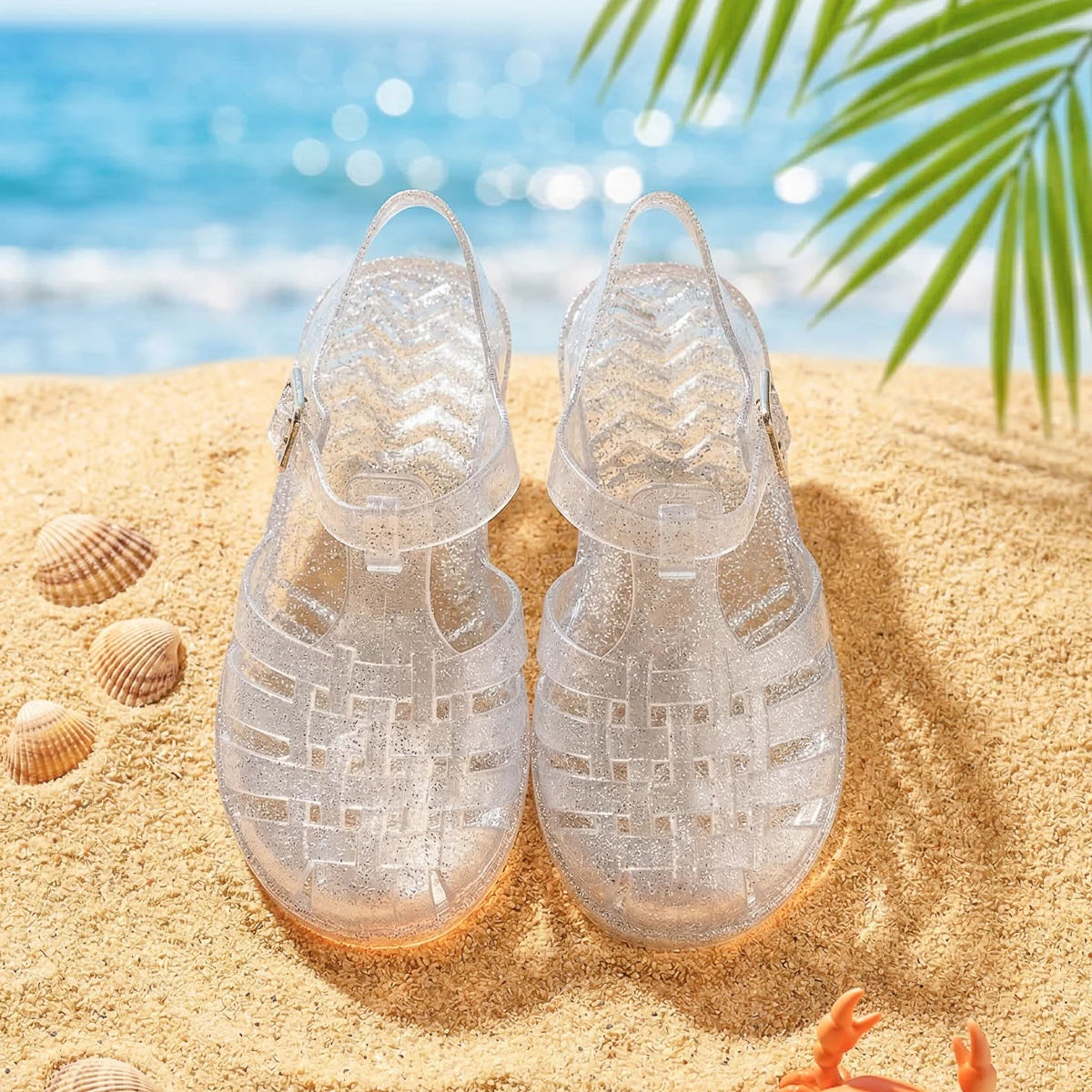 Girls Glitter Jelly PVC Sandals Toddler Little Kids Buckle Closure Retro Woven Cut-Out Summer Beach Shoes