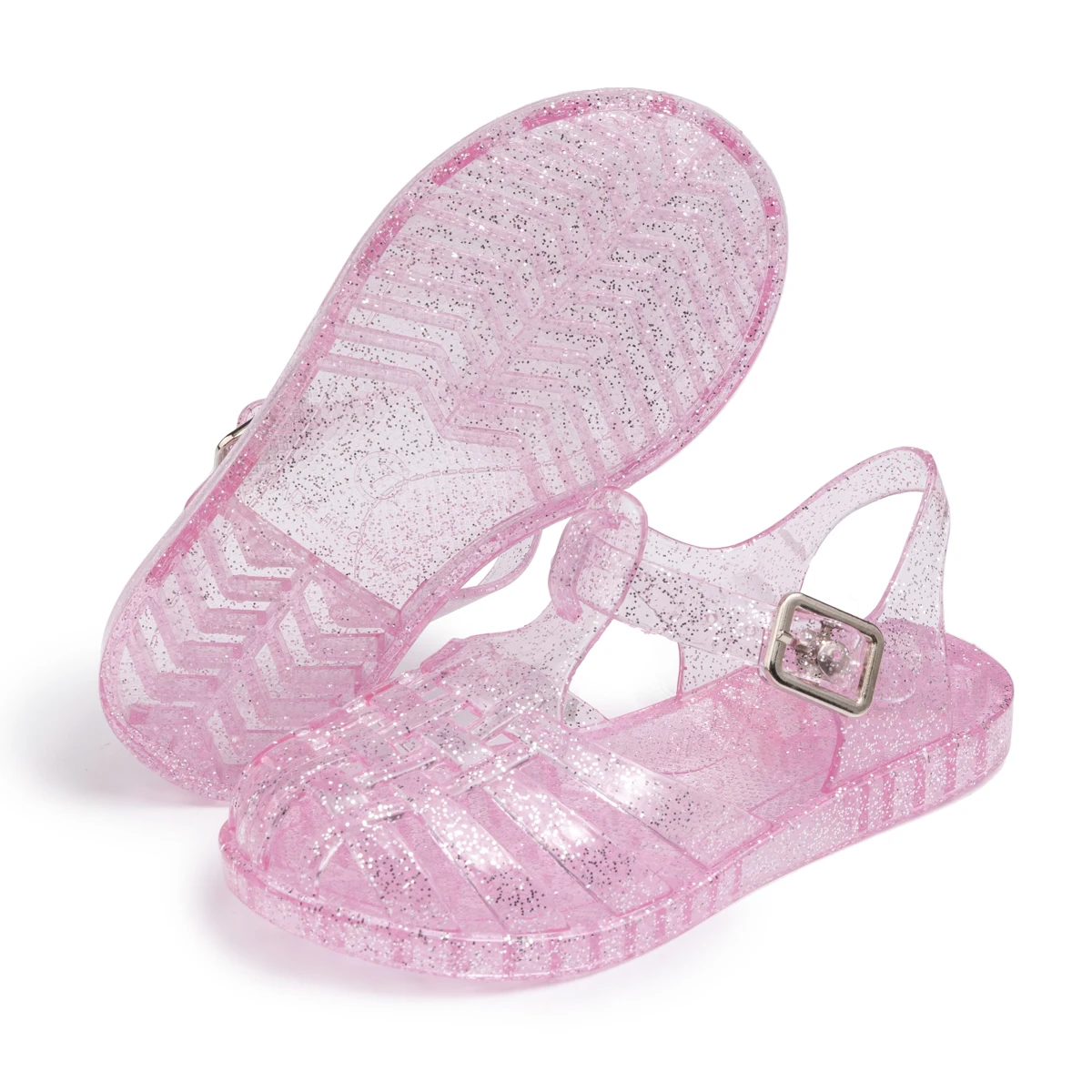 Girls Glitter Jelly PVC Sandals Toddler Little Kids Buckle Closure Retro Woven Cut-Out Summer Beach Shoes