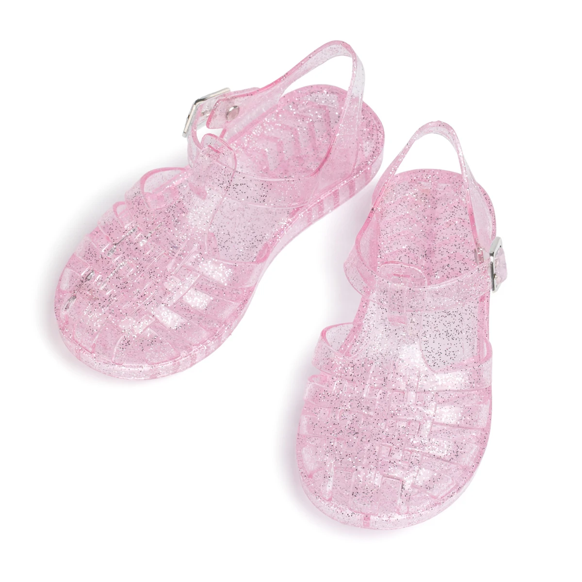 Girls Glitter Jelly PVC Sandals Toddler Little Kids Buckle Closure Retro Woven Cut-Out Summer Beach Shoes