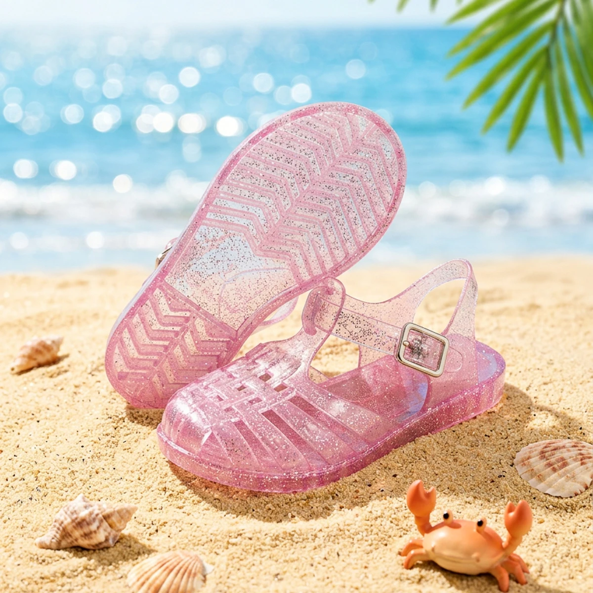 Girls Glitter Jelly PVC Sandals Toddler Little Kids Buckle Closure Retro Woven Cut-Out Summer Beach Shoes