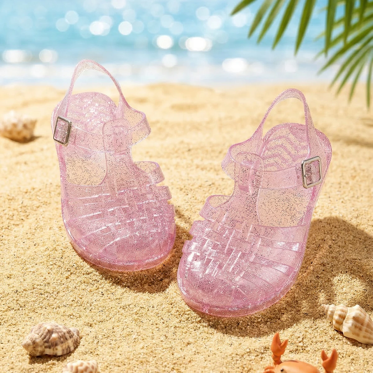 Girls Glitter Jelly PVC Sandals Toddler Little Kids Buckle Closure Retro Woven Cut-Out Summer Beach Shoes