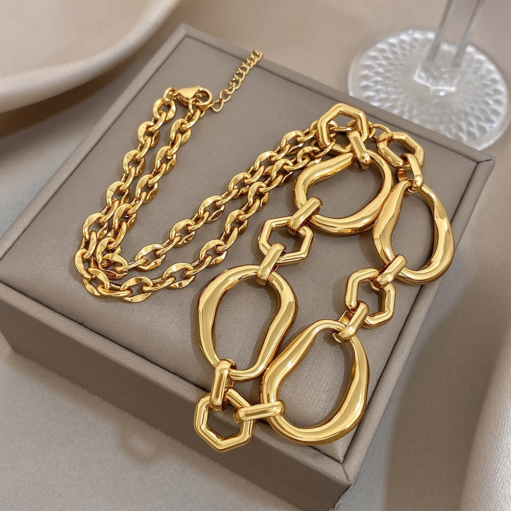 Irregular Geometric Circle Chain Necklaces for Women Fashion Gold Silver Color Stainless Steel Necklace Waterproof Jewelry