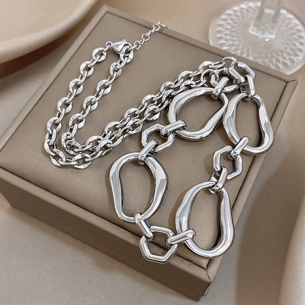 Irregular Geometric Circle Chain Necklaces for Women Fashion Gold Silver Color Stainless Steel Necklace Waterproof Jewelry
