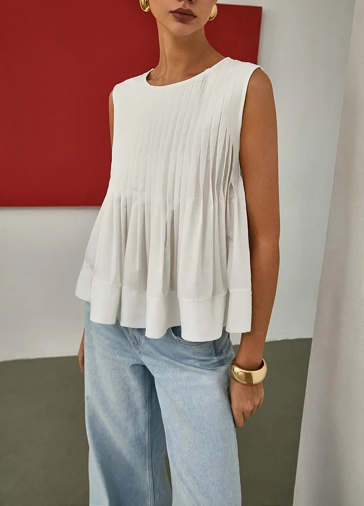 Casual Versatile Fashion Elegant Slim-Fit Short-Sleeve Heavy-Duty Pleated Design Round Neck Sleeveless Shirt Vest Top for Women