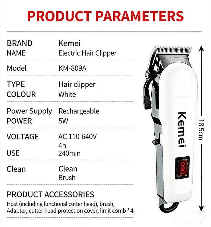 Kemei Hair Clipper Or Blade Hair Cut Maching Wireless Trimmer Men Professional Clipper Machine Rechargeable Hair Cut Barber 809A