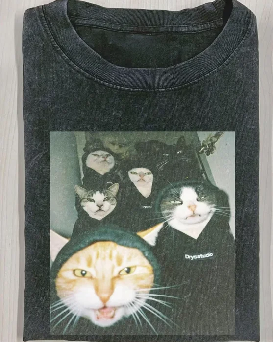 Washed Vintage Letter Cat Print Short Sleeved T-shirt for Women's Summer, Fashionable Loose Round Neck Y2K Tops T-shirts