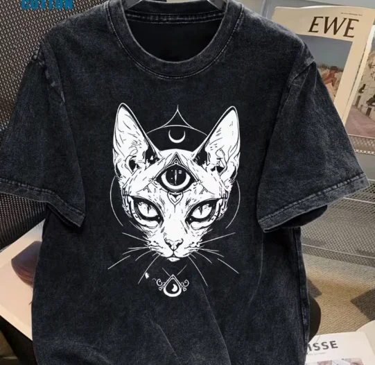 Washed Vintage Letter Cat Print Short Sleeved T-shirt for Women's Summer, Fashionable Loose Round Neck Y2K Tops T-shirts