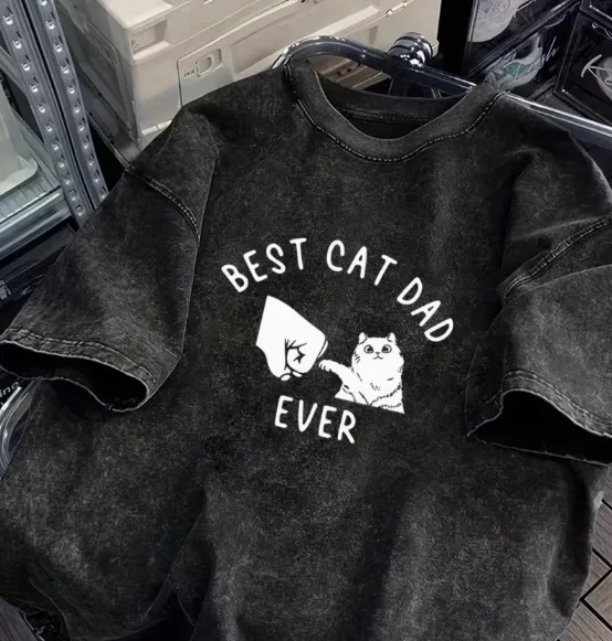 Washed Vintage Letter Cat Print Short Sleeved T-shirt for Women's Summer, Fashionable Loose Round Neck Y2K Tops T-shirts
