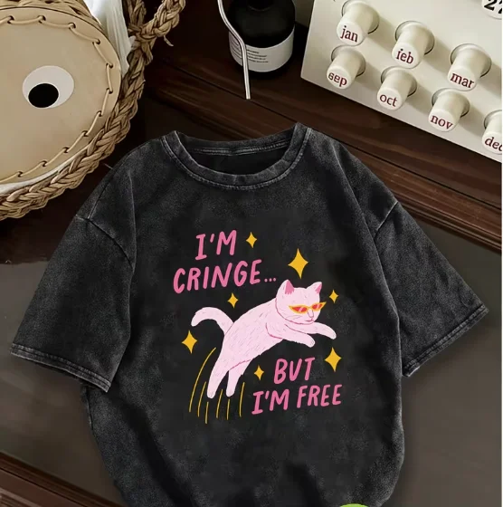 Washed Vintage Letter Cat Print Short Sleeved T-shirt for Women's Summer, Fashionable Loose Round Neck Y2K Tops T-shirts