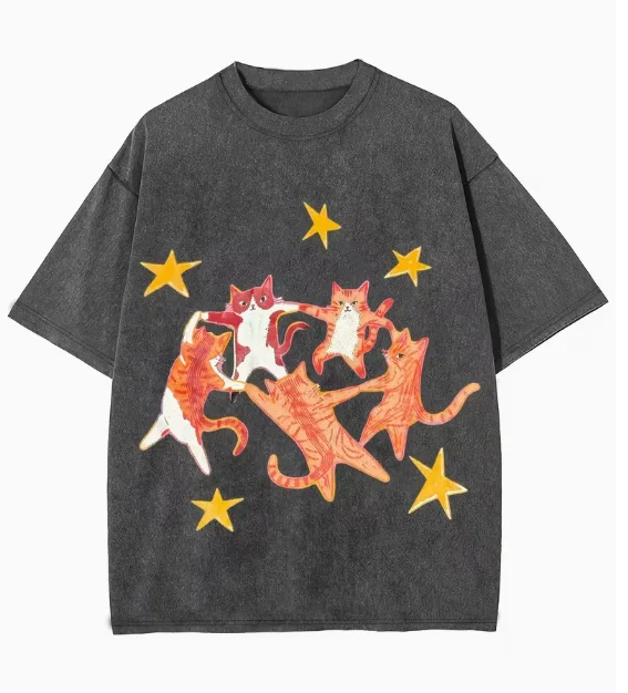 Washed Vintage Letter Cat Print Short Sleeved T-shirt for Women's Summer, Fashionable Loose Round Neck Y2K Tops T-shirts