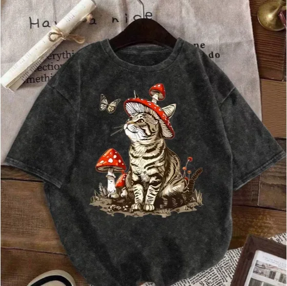 Washed Vintage Letter Cat Print Short Sleeved T-shirt for Women's Summer, Fashionable Loose Round Neck Y2K Tops T-shirts