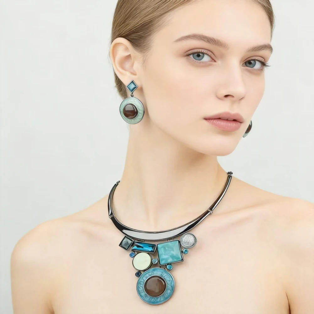 ICEYY Crystal Boutique Geometric Resin Chunky Bib Necklace Earrings Jewelry Set for Women Wedding Trendy Accessory