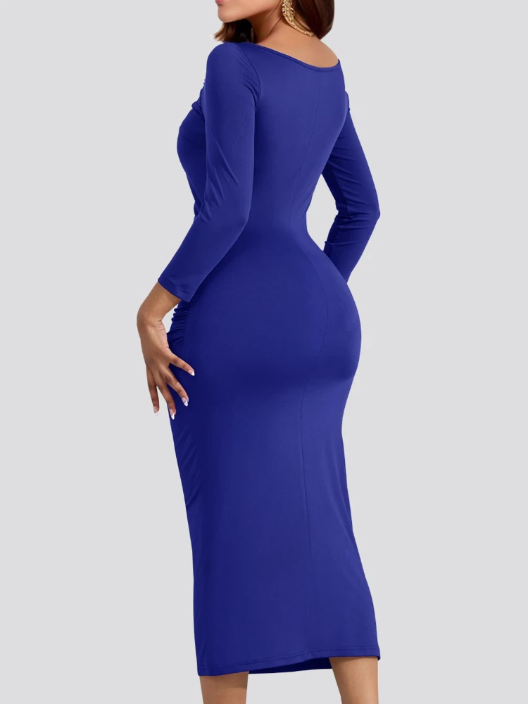 Sexy Solid Color Pleated Slim Bodycon Long Dress Women Long Sleeved Skinny Evening Midi Dress Club Party