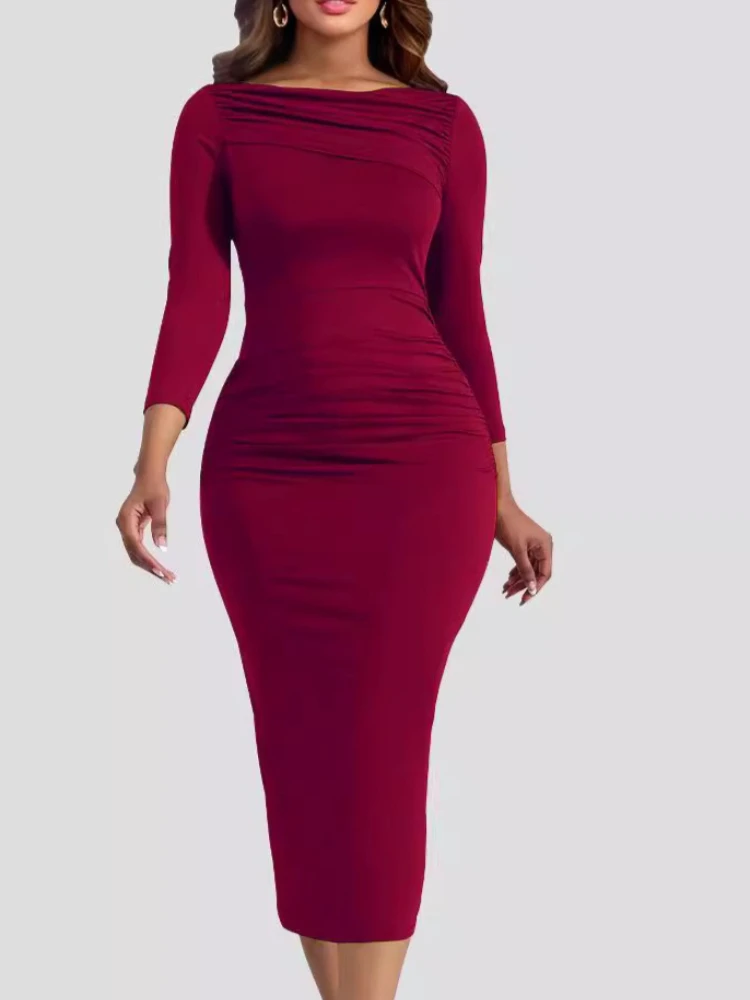 Sexy Solid Color Pleated Slim Bodycon Long Dress Women Long Sleeved Skinny Evening Midi Dress Club Party