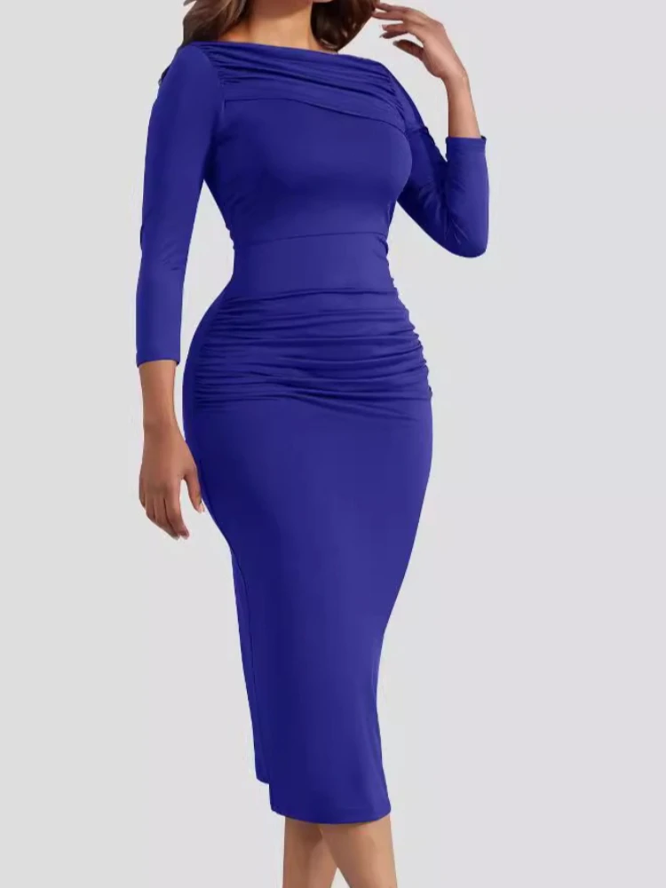 Sexy Solid Color Pleated Slim Bodycon Long Dress Women Long Sleeved Skinny Evening Midi Dress Club Party