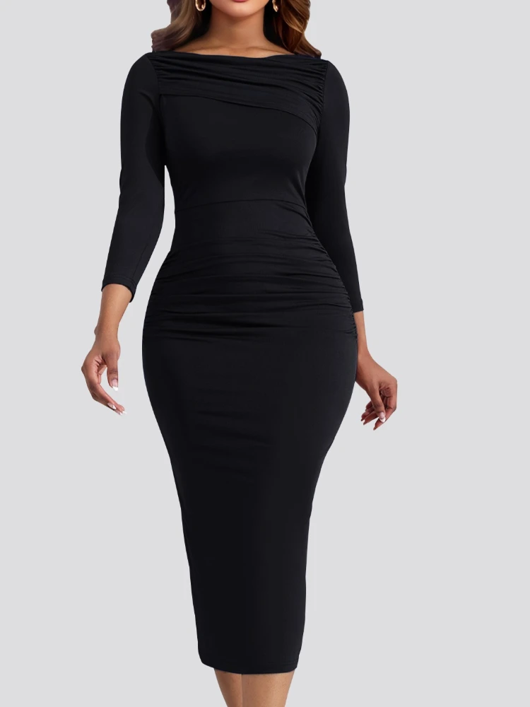 Sexy Solid Color Pleated Slim Bodycon Long Dress Women Long Sleeved Skinny Evening Midi Dress Club Party