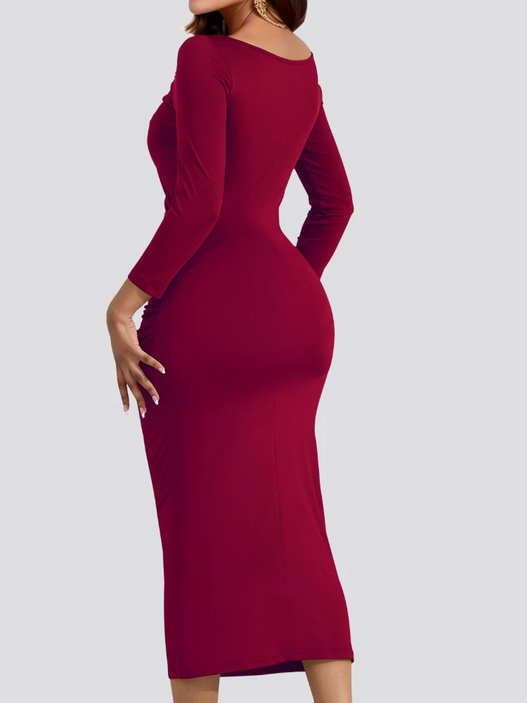 Sexy Solid Color Pleated Slim Bodycon Long Dress Women Long Sleeved Skinny Evening Midi Dress Club Party