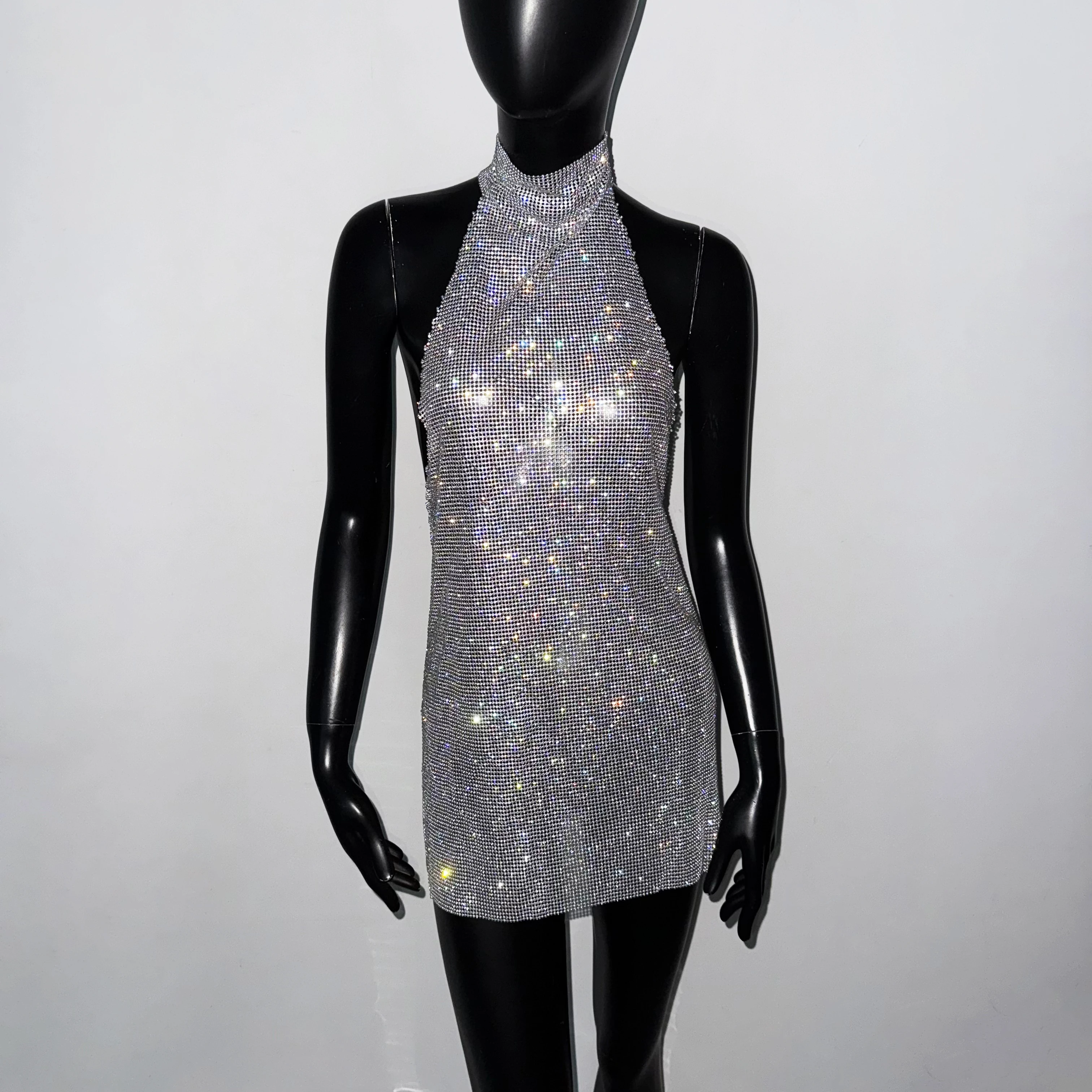 Shiny Rhinestone Metal Sequins Mini Dress For Women Sexy Backless Mock Neck Halter Neck Sleeveless Dress Party Evening Dresses