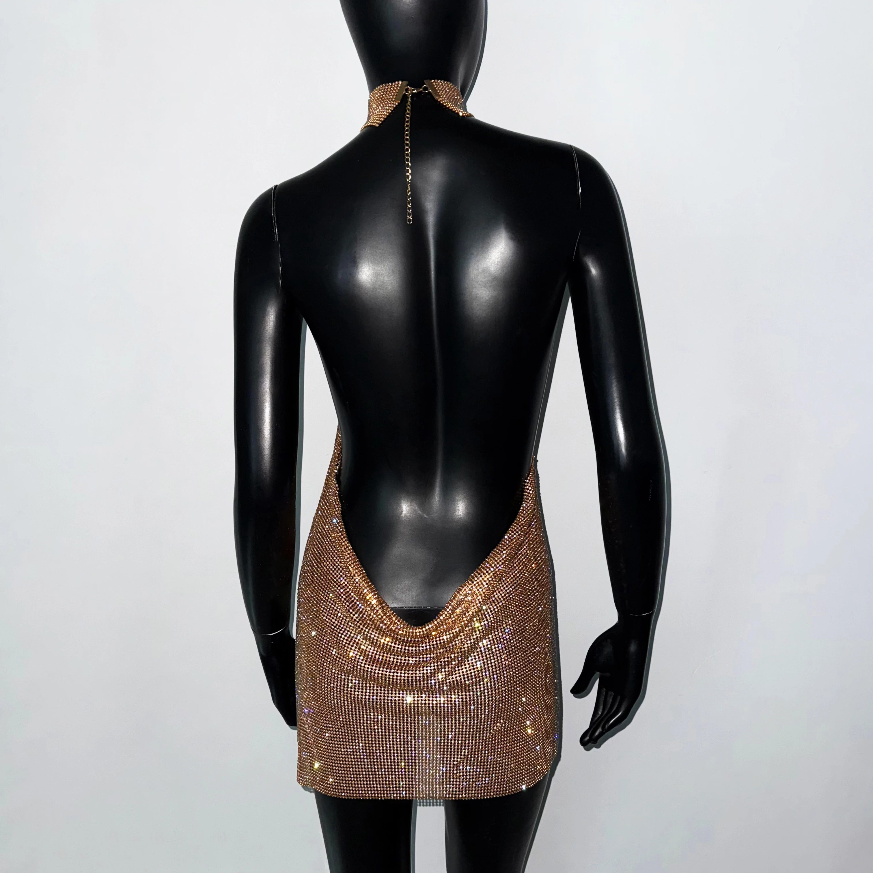 Shiny Rhinestone Metal Sequins Mini Dress For Women Sexy Backless Mock Neck Halter Neck Sleeveless Dress Party Evening Dresses