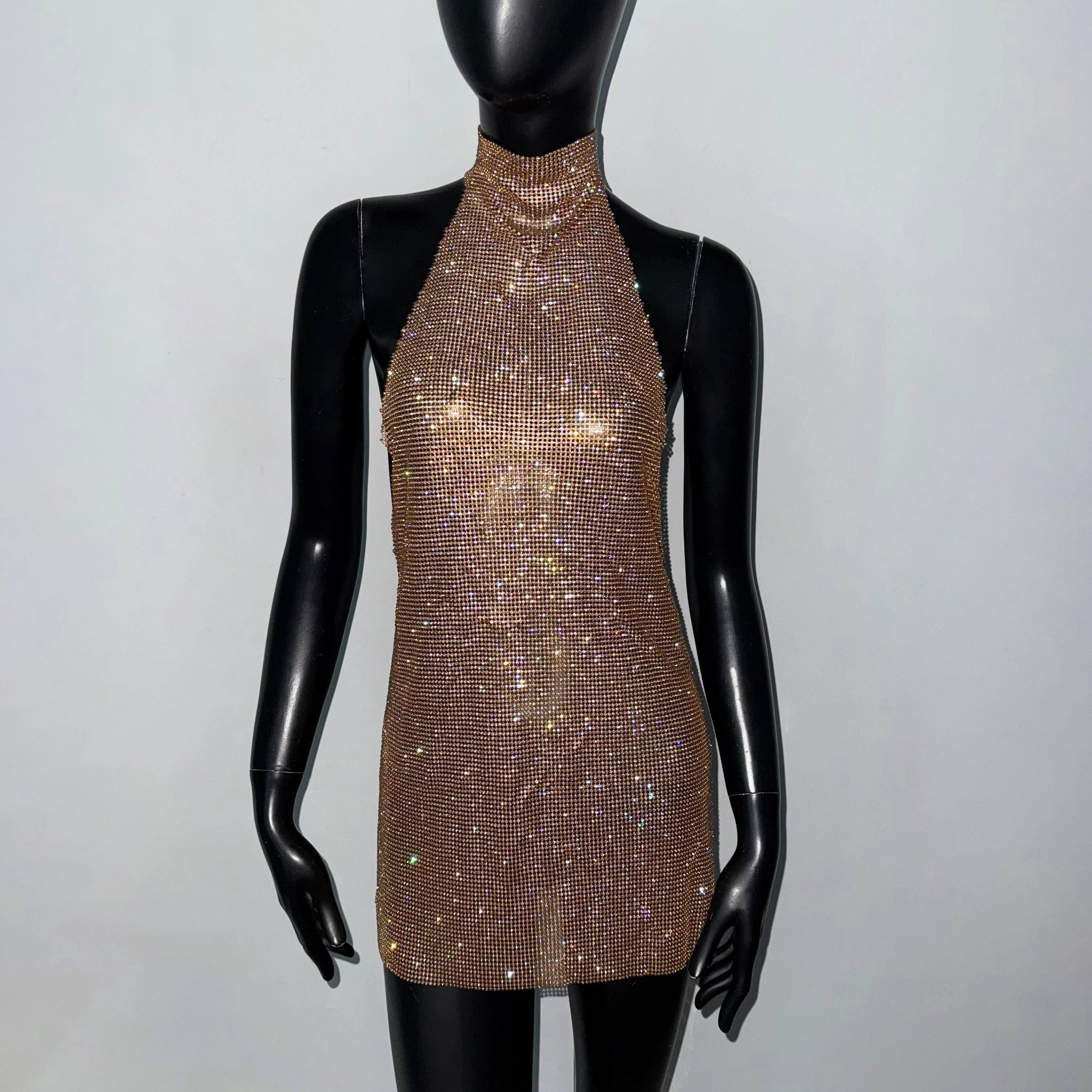 Shiny Rhinestone Metal Sequins Mini Dress For Women Sexy Backless Mock Neck Halter Neck Sleeveless Dress Party Evening Dresses
